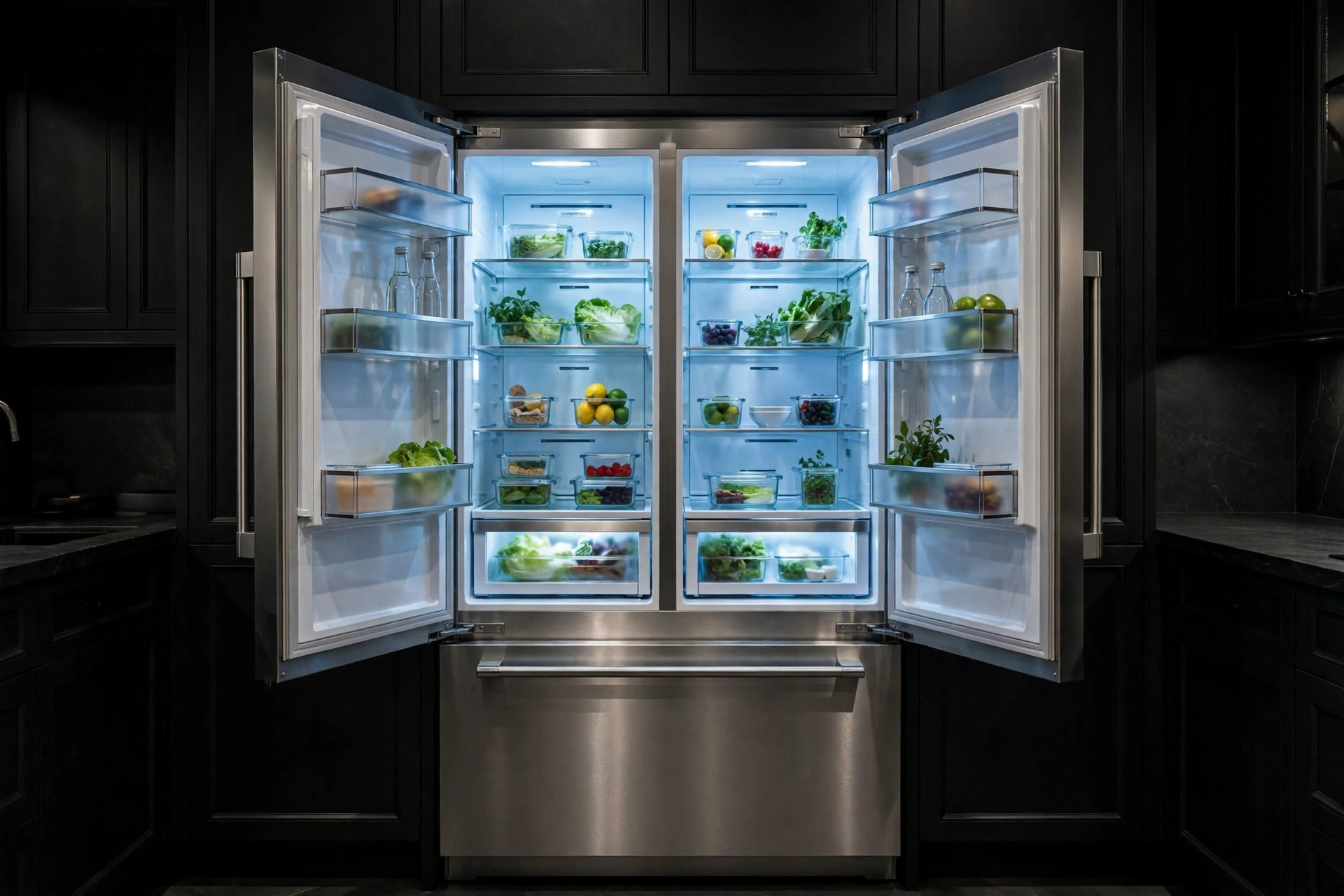 A premium built-in refrigerator with cool interior light in a dark kitchen