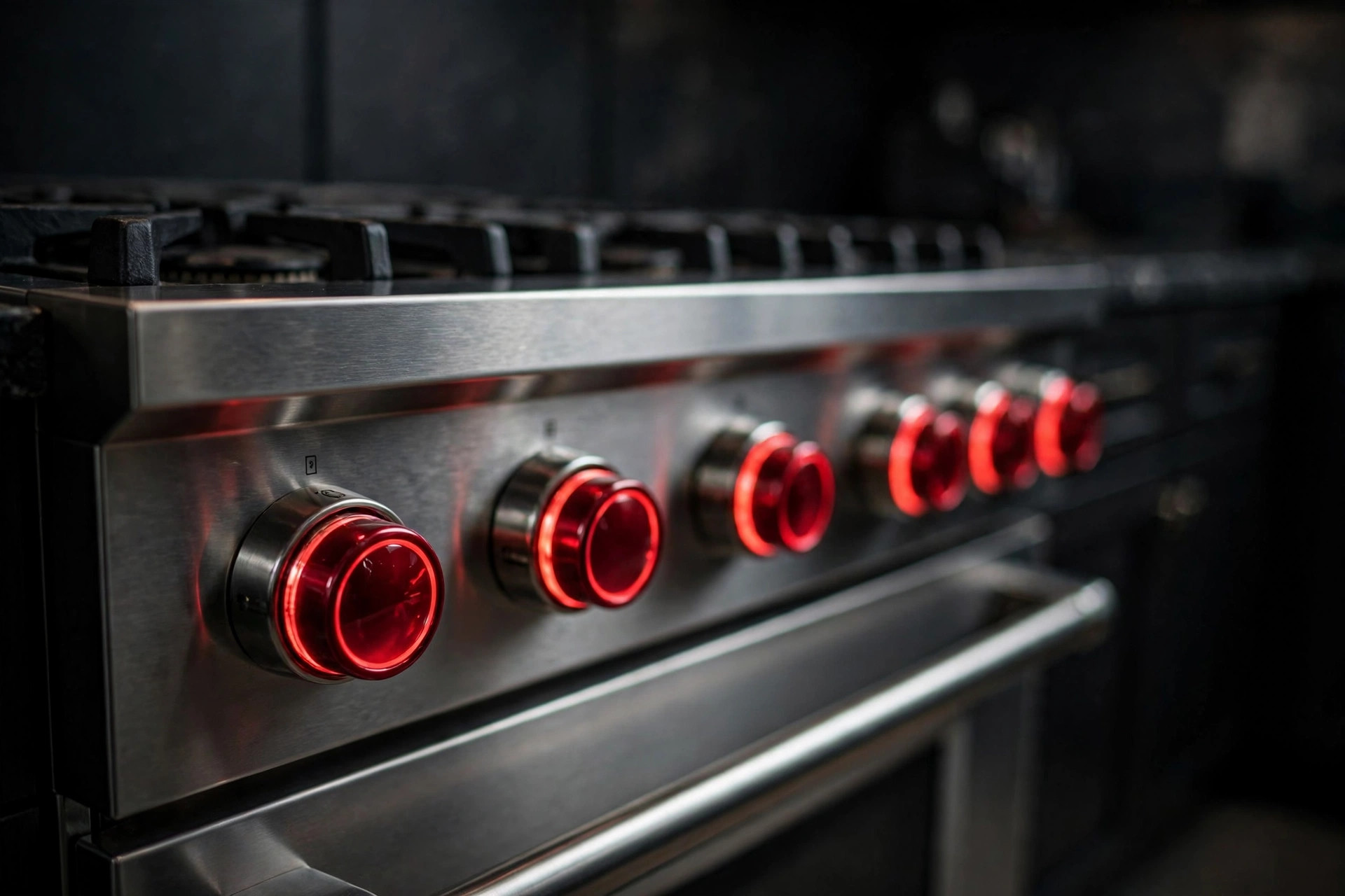 A luxury stainless range with its signature red control knobs